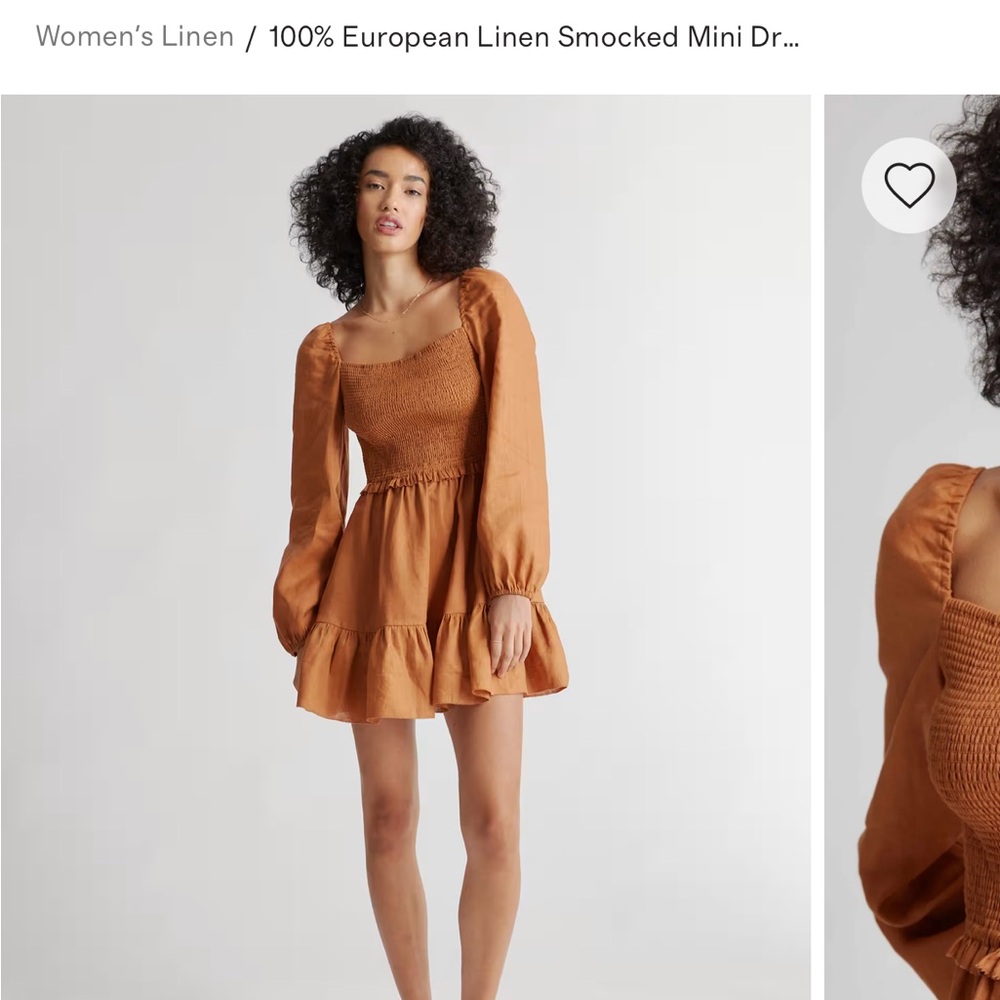 Quince Rust Orange Smocked Square-Neck Linen Mini Dress